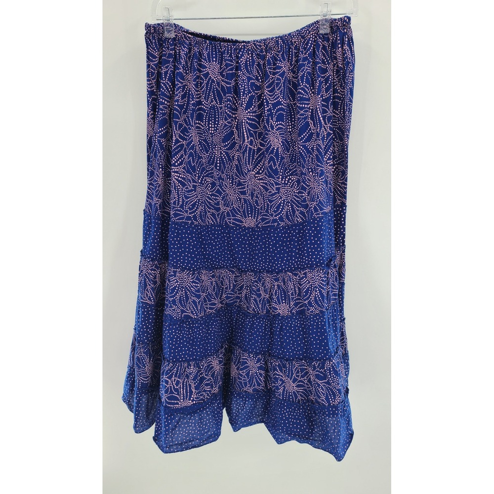 Phool Women Boho Tiered Maxi Skirt Size 1X Floral Art Festival Blue Pink Indie